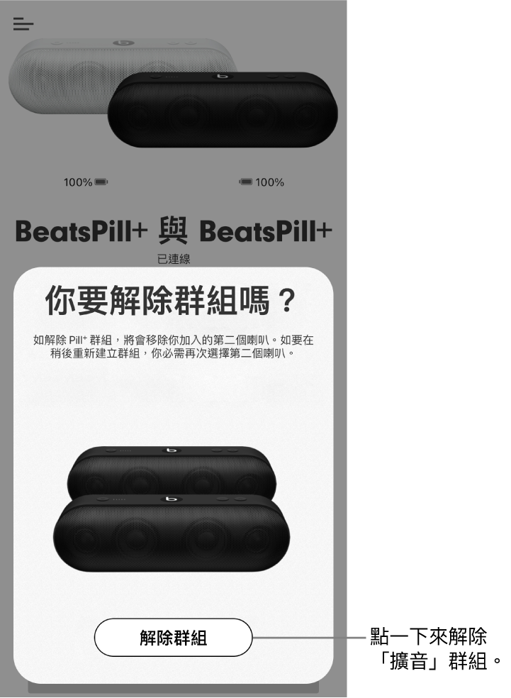 Beats App 正在顯示「解除群組」卡
