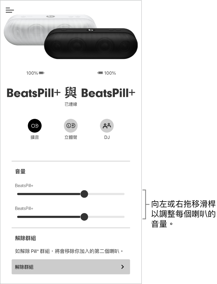 處於「擴音」模式的 Beats App 畫面，顯示兩部喇叭的音量控制項目