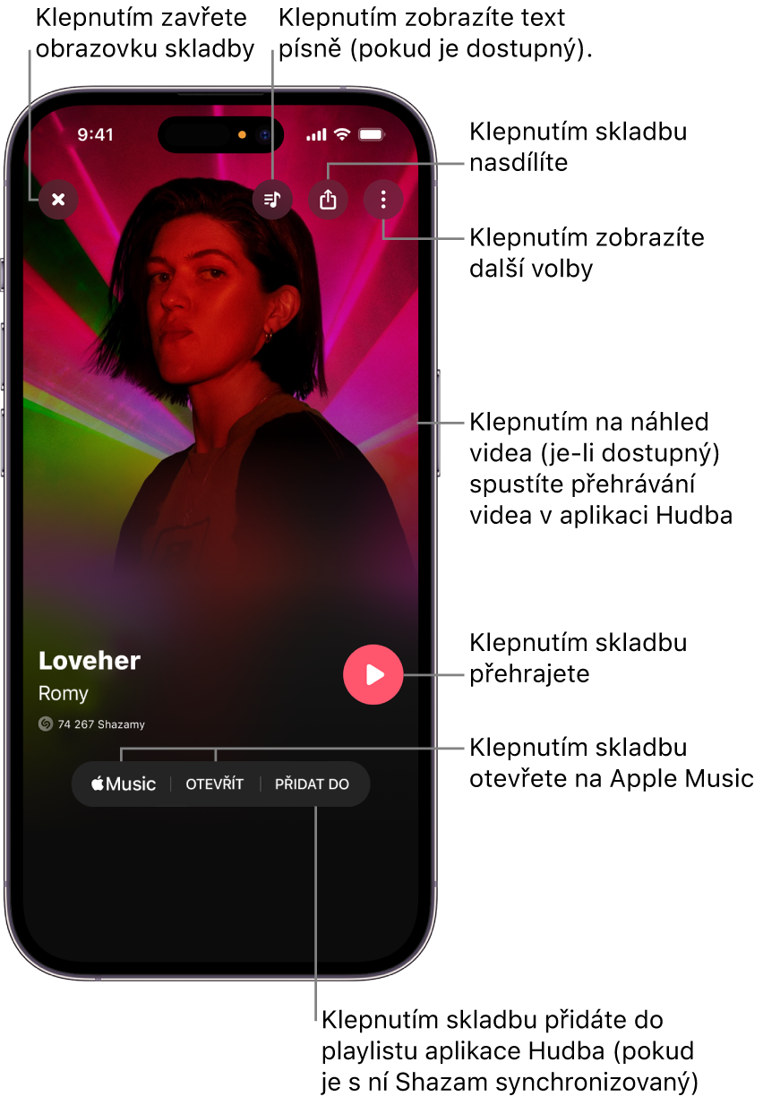 Ovládací prvky na obrazovce skladby na iPhonu