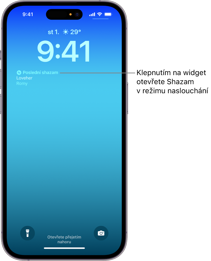 Uzamčená obrazovka iPhonu s widgetem Shazam