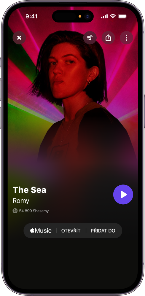 Obrazovka skladby v aplikaci Shazam se zobrazeným výsledkem identifikace skladby