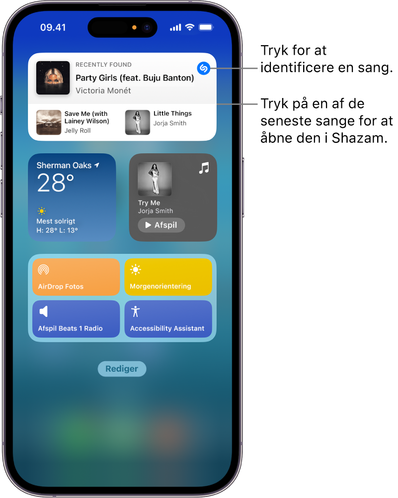 Dagsoversigt på iPhone med Shazam-widgetten