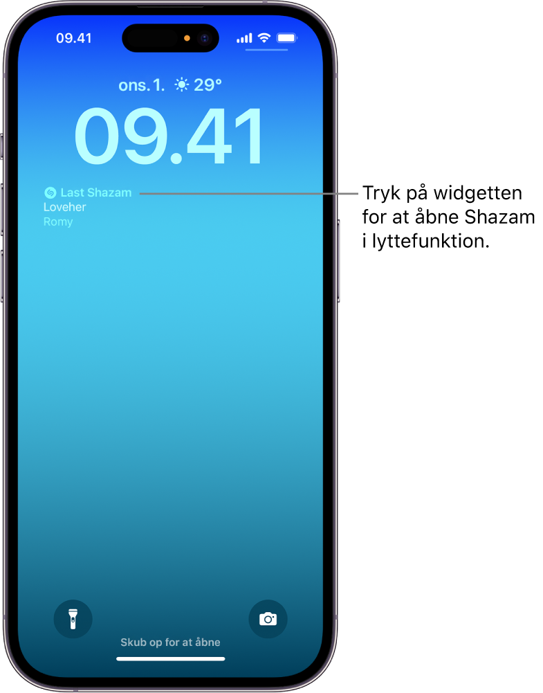 Låseskærm på iPhone, der viser Shazam-widgetten