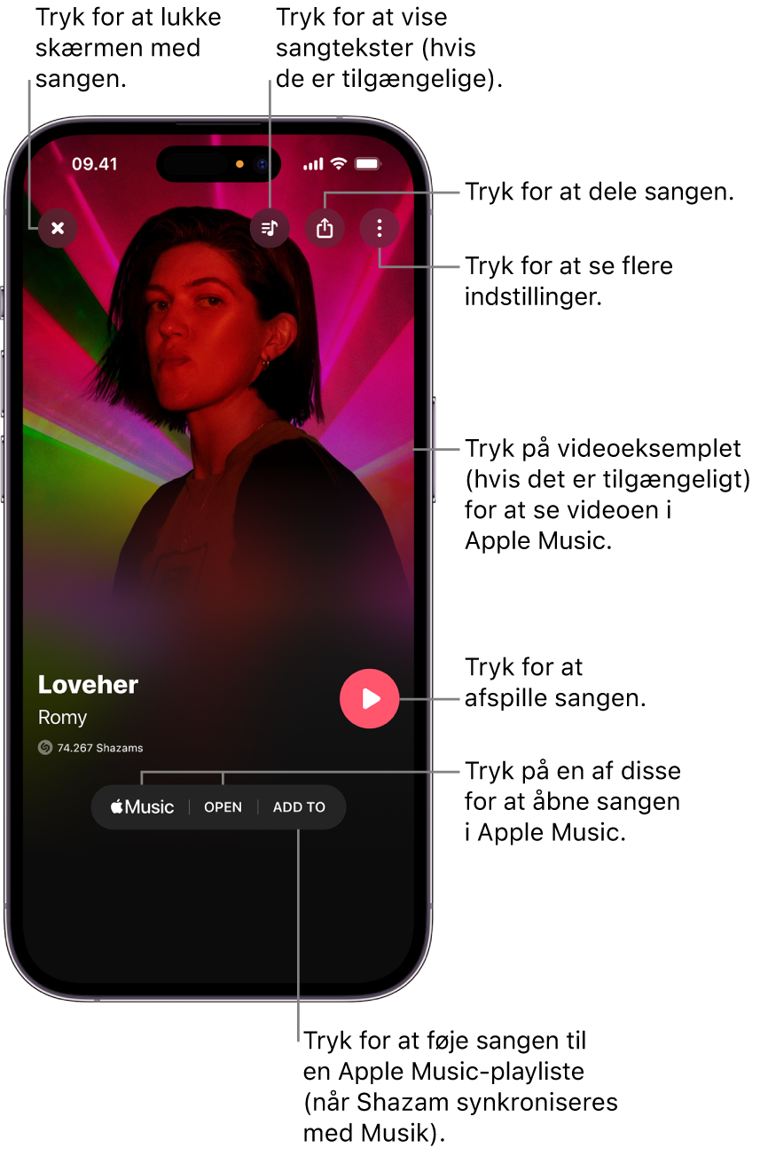 Betjeningsmuligheder på en sangs skærm på iPhone