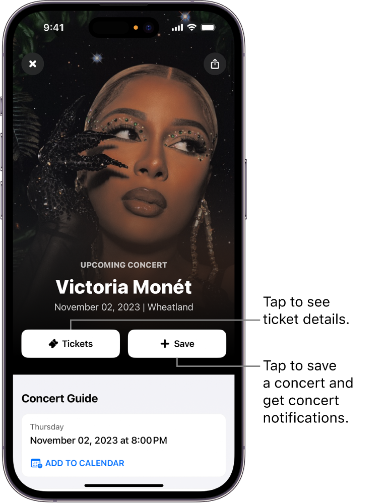 Shazam Concert Guide showing the Tickets and Save buttons and an upcoming concert date for the artist Victoria Monet