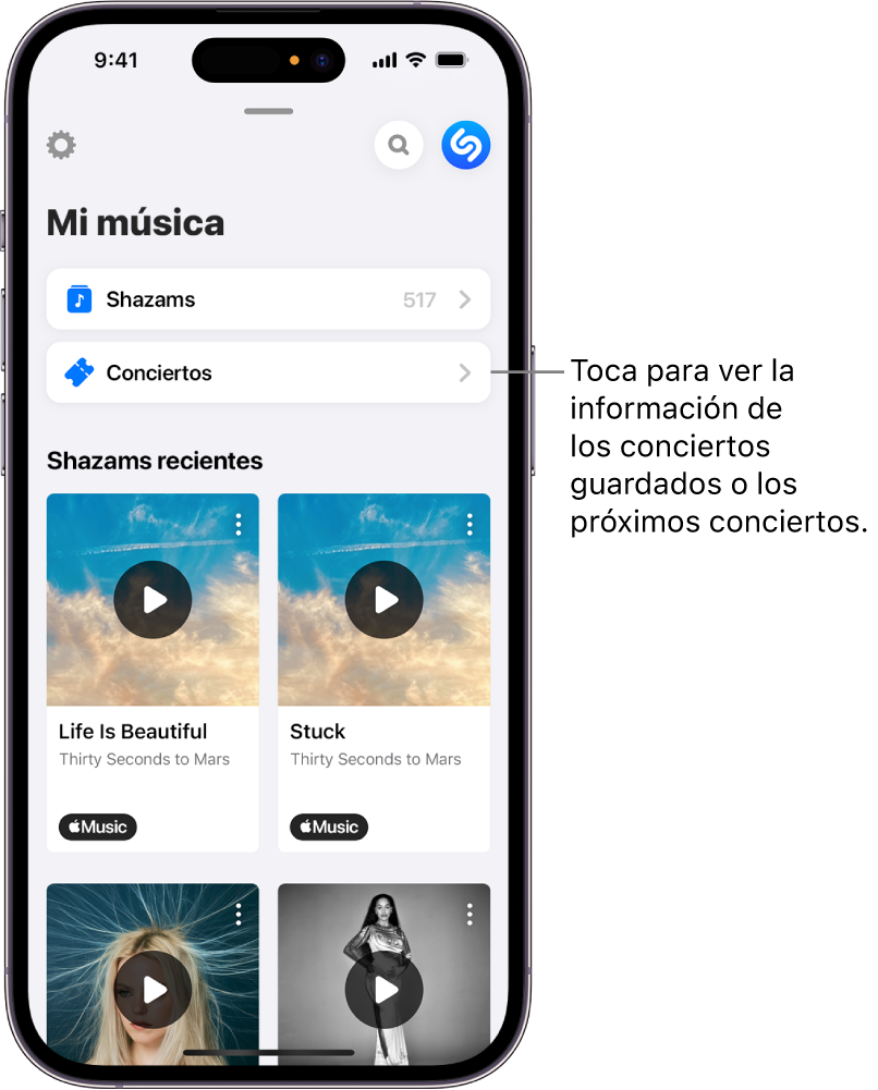 Página “Mi música” en la app Shazam con el botón Conciertos.