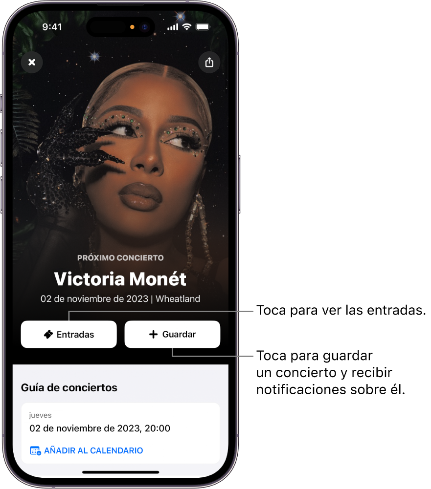 “Guía del concierto” de Shazam con los botones Entradas y Guardar, y la fecha de un próximo concierto de la artista Victoria Monét.