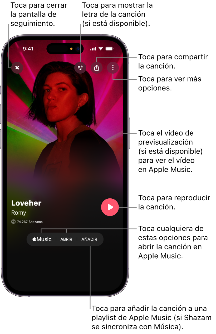 Controles de la pantalla de canción en el iPhone