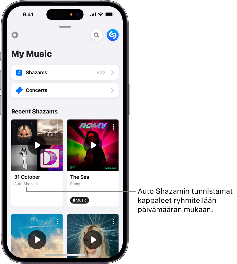 My Music -näyttö, jossa näkyy joukko automaattisella Shazam-tunnistuksella tunnistettuja kappaleita