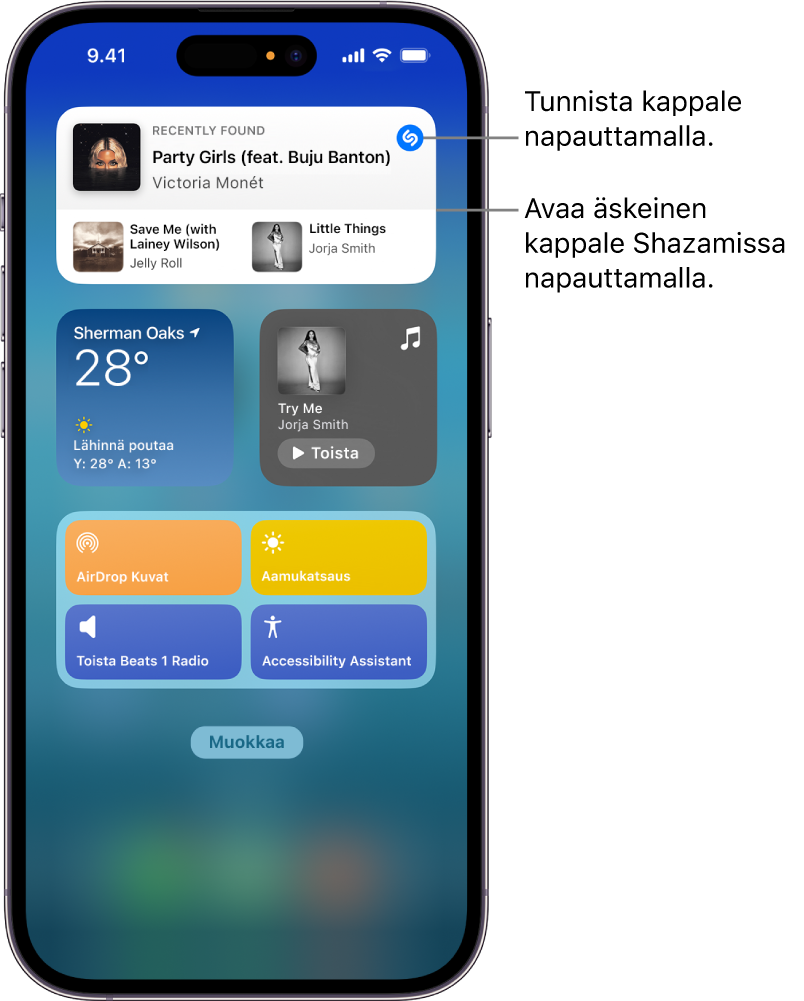 iPhonen Tänään-näkymä, jossa näkyy Shazam-widgetti