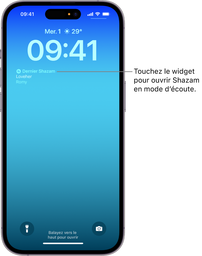 Écran verrouillé d’un iPhone présentant le widget Shazam.