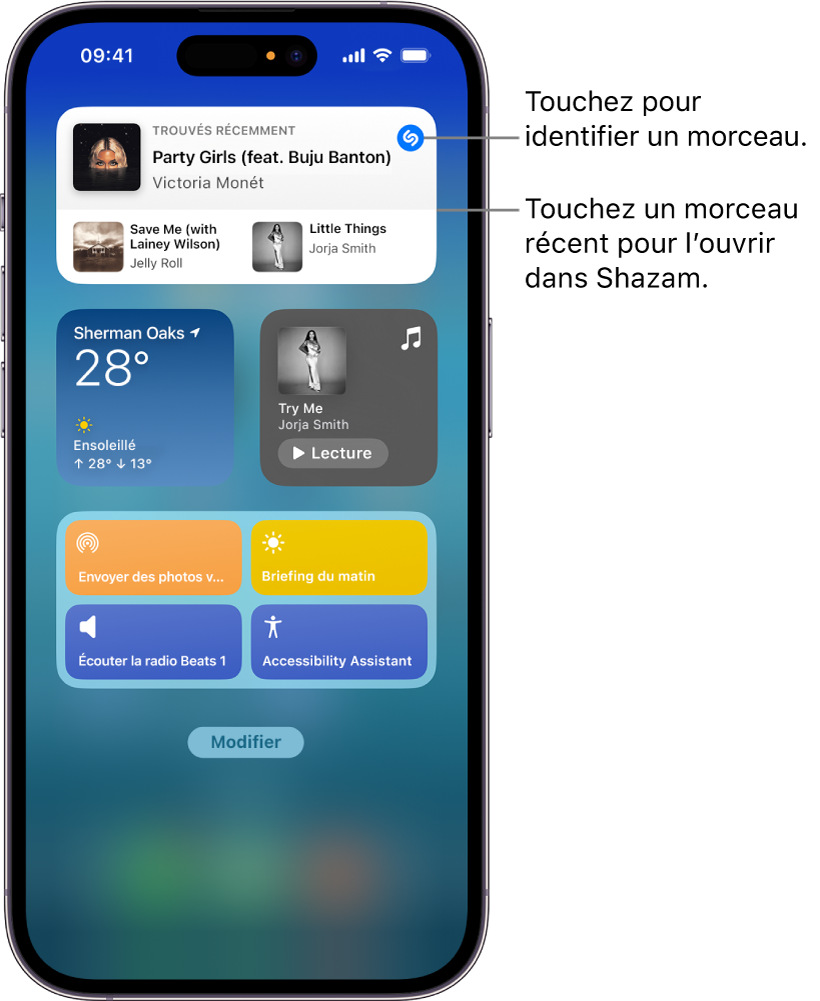 Affichage du jour sur un iPhone présentant le widget Shazam