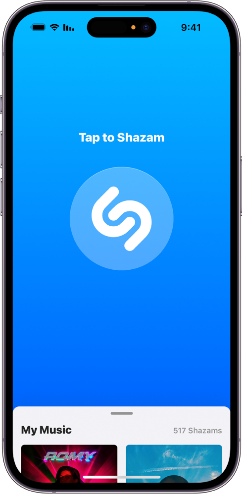 המסך הראשי של היישום Shazam עם הכפתור של Shazam