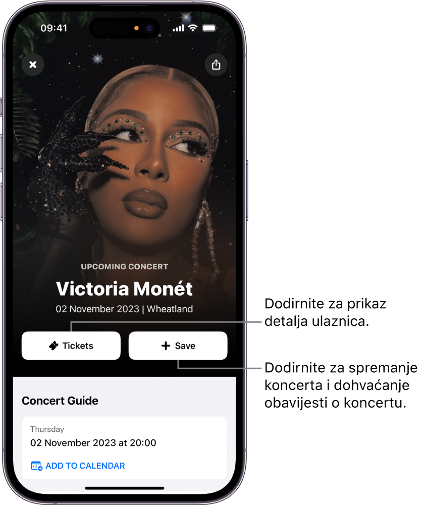 Concert Guide (Vodič za koncerte) u aplikaciji Shazam s prikazom tipki Tickets (Ulaznice) i Save (Spremi) te datumom nadolazećeg koncerta za izvođačice Victorije Monet