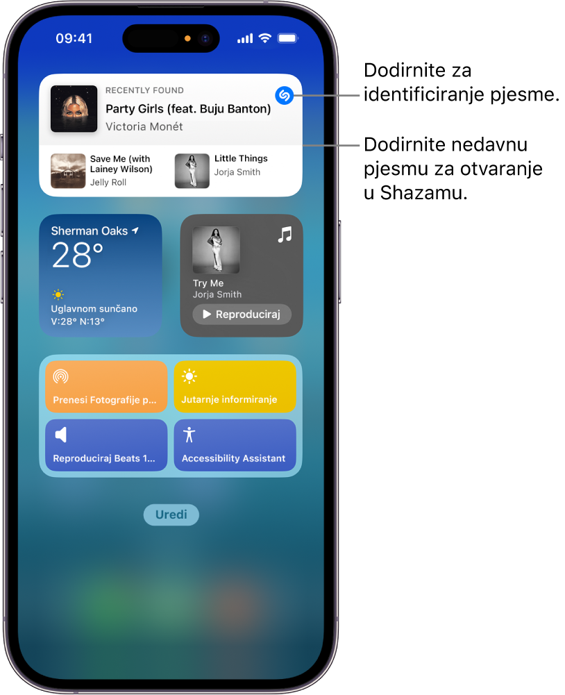 Prikaz današnjih obavijesti na iPhoneu s prikazom widgeta Shazam