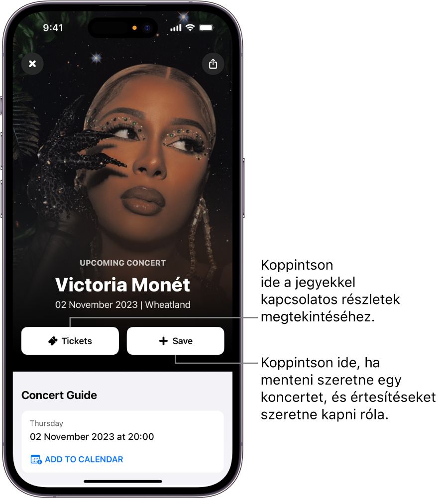 A Shazam Concert Guide (Koncert-útikalauz) megjeleníti a Tickets (Jegyek) és a Save (Mentés) gombot, valamint Victoria Monet közelgő koncertjének dátumát