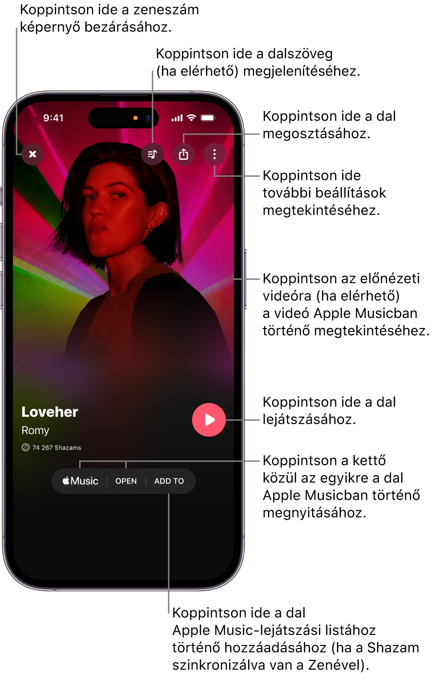 A zeneszám képernyő vezérlői egy iPhone-on