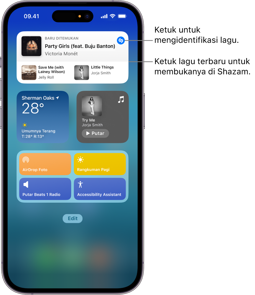 Tampilan Hari Ini di iPhone menampilkan widget Shazam