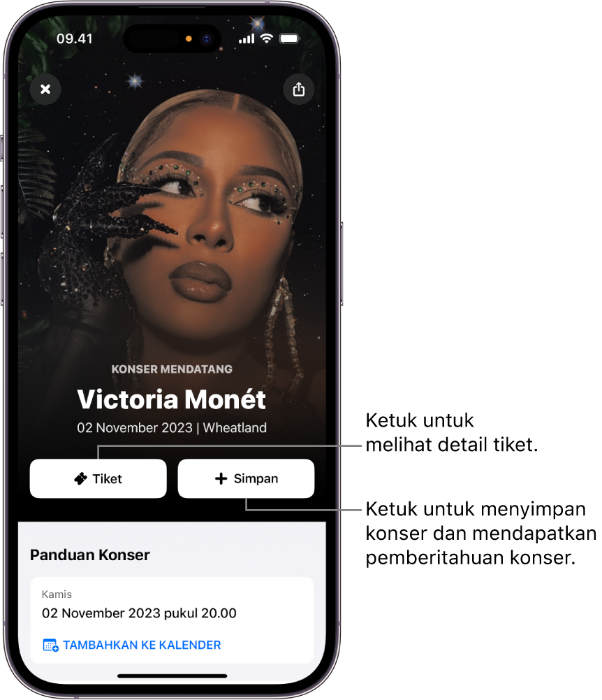 Panduan Konser Shazam yang menampilkan tombol Tiket dan Simpan serta tanggal konser mendatang untuk artis Victoria Monet