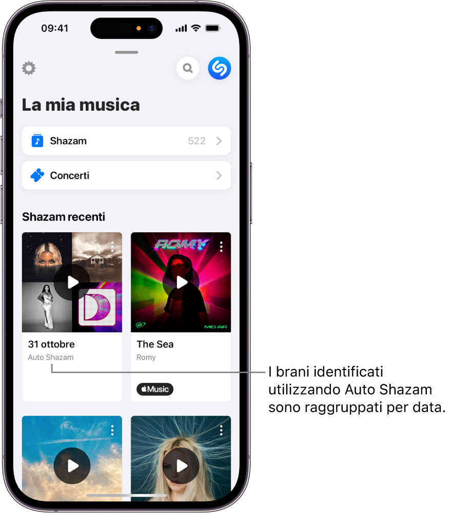 Schermata di “La mia musica” che mostra un gruppo di canzoni identificate tramite “Auto Shazam”.