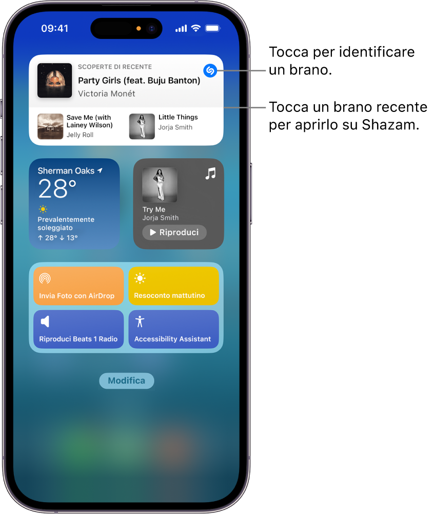Vista oggi su iPhone che mostra il widget Shazam