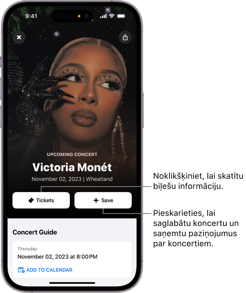 Shazam Concert Guide, kurā redzamas pogas Tickets un Save un izpildītāja Victoria Monet gaidāmā koncerta datums