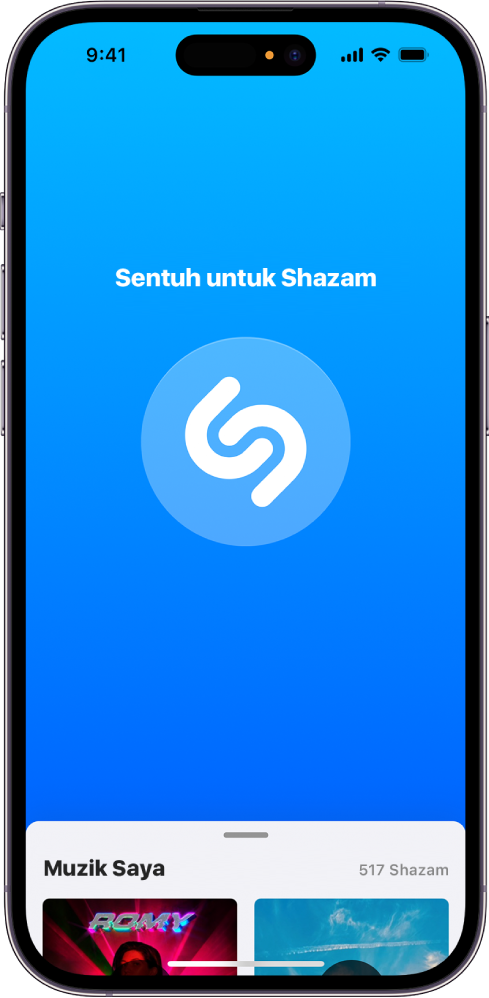 Skrin utama app Shazam dengan butang Shazam