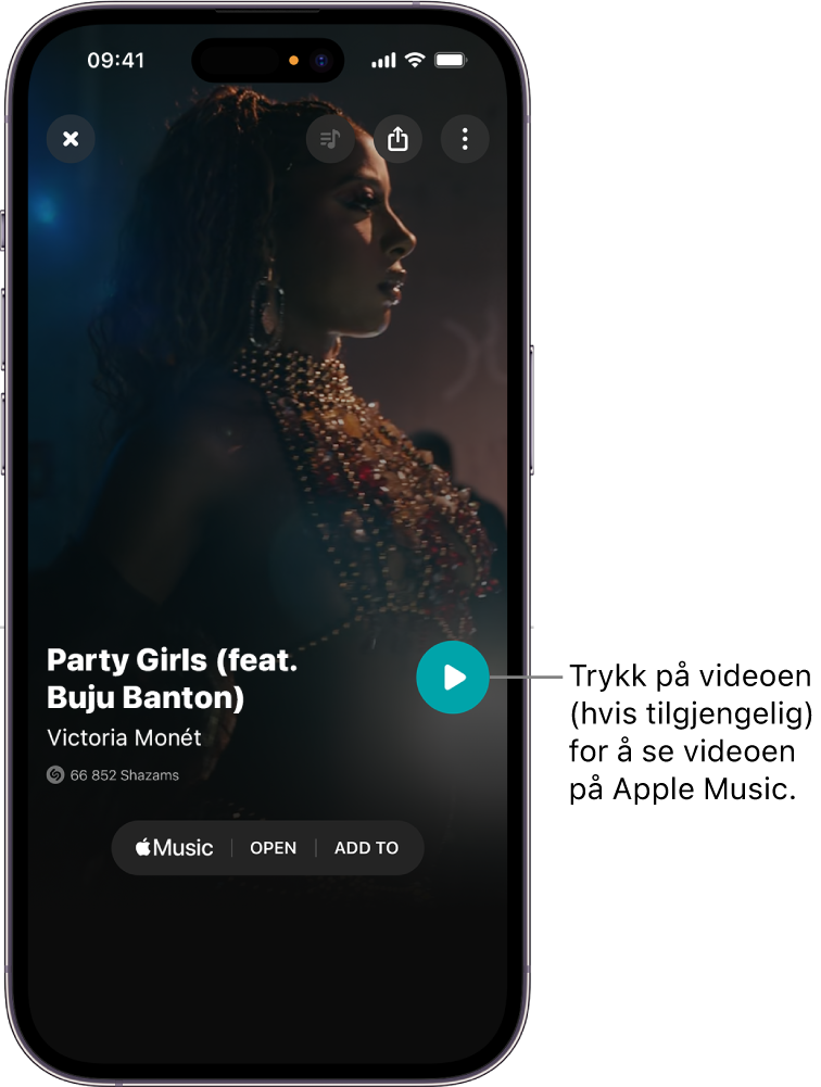 Musikkspor-skjermen i Shazam viser en forhåndsvisning av en video