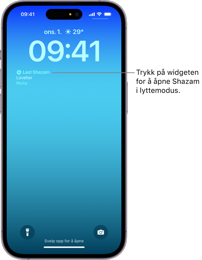 En iPhone med låst skjerm viser en Shazam-widget