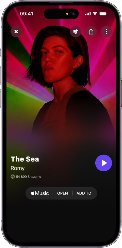Musikkspor-skjermen i Shazam med sangen som har blitt identifisert