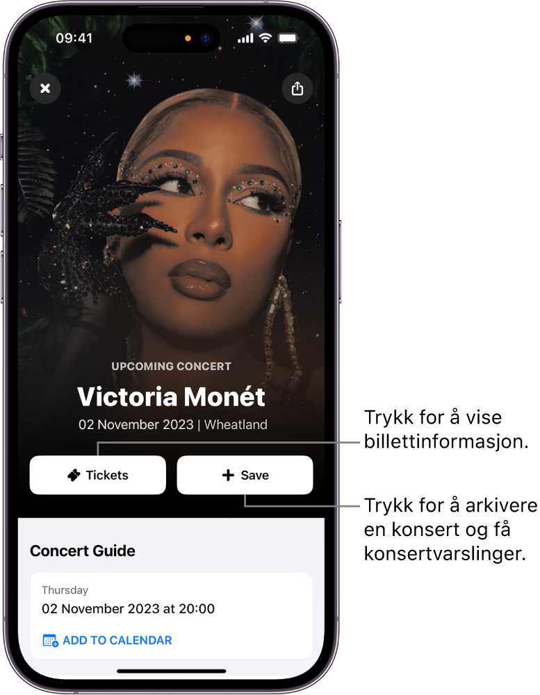 Shazams konsertguide viser Tickets- og Save-knapper (Billetter og Arkiver) og datoen for en kommende konsert for artisten Victoria Monet