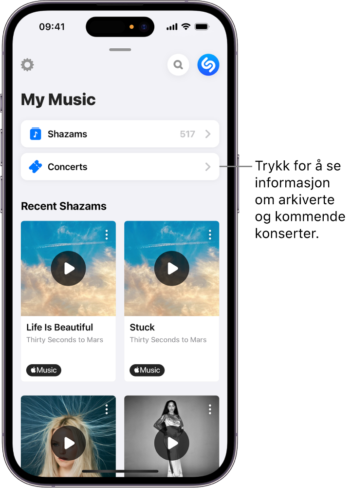 My Music-siden (Min musikk) i Shazam viser Concerts-knappen (Konserter).
