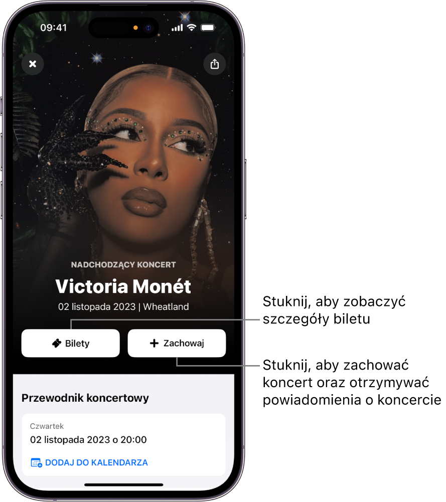 Przewodnik koncertowy w aplikacji Shazam, zawierający przyciski Bilety i Zachowaj oraz datę nadchodzącego koncertu wykonawcy Victoria Monet