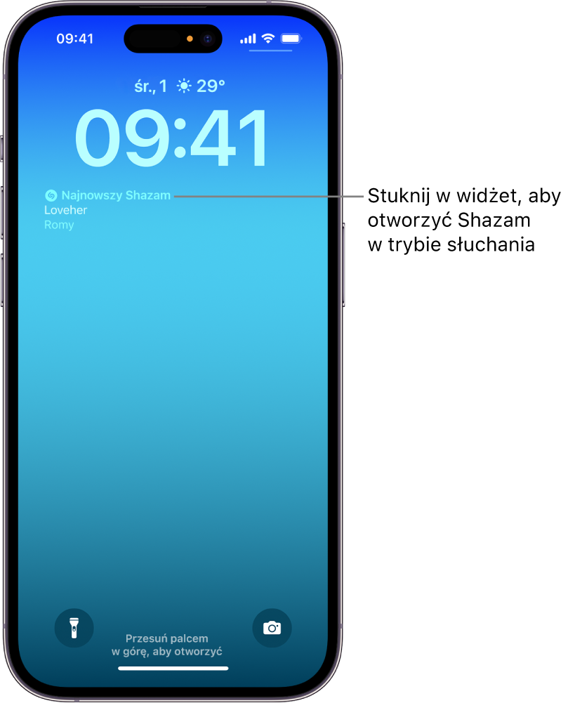 Ekran blokady iPhone’a z widżetem Shazam