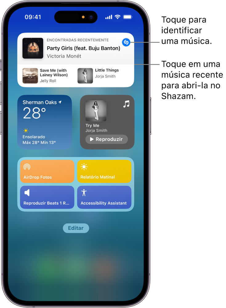 Visualização Hoje no iPhone, mostrando o widget do Shazam