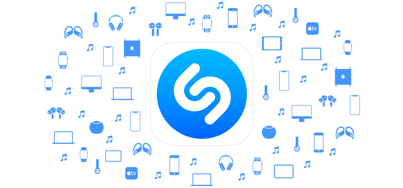 Logotipo do app Shazam rodeado de ícones de dispositivos Apple
