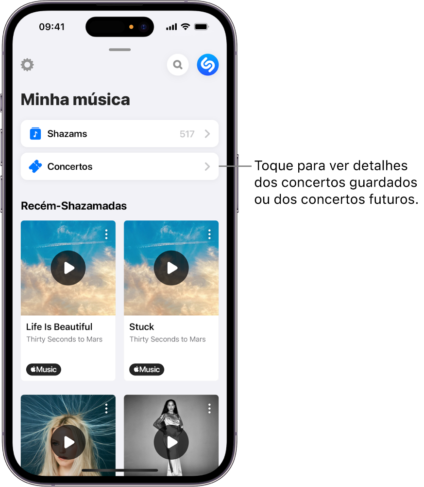 A página “Minha música” da aplicação Shazam a mostrar o botão Concertos