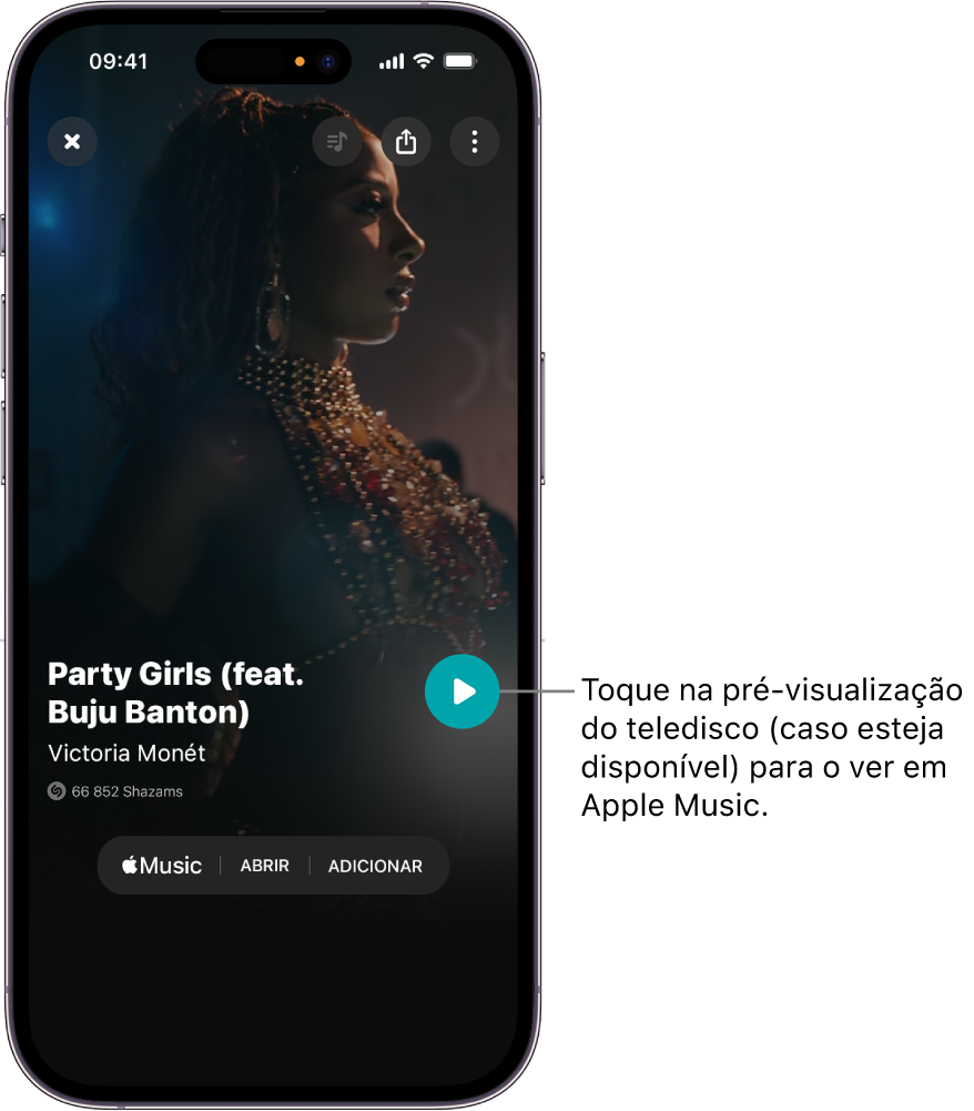 O ecrã de faixas da aplicação Shazam a mostrar uma pré‑visualização do vídeo
