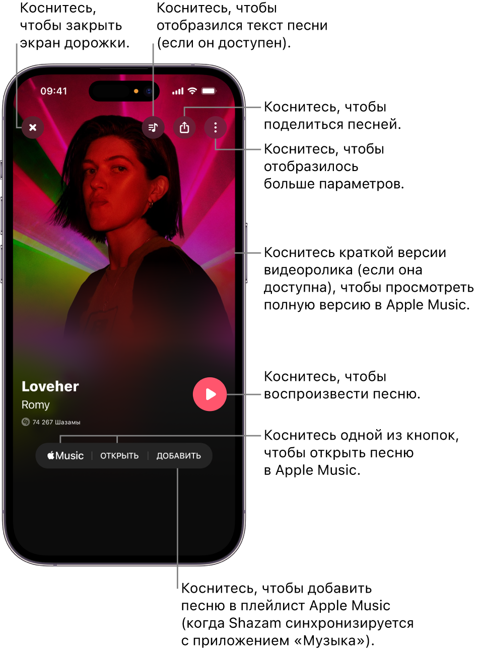 Элементы управления на экране песни на iPhone