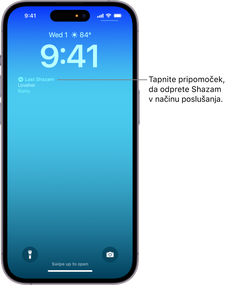 Zaklenjeni zaslon iPhona, ki prikazuje pripomoček Shazam