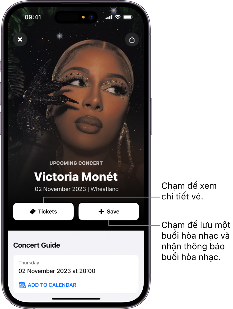Concert Guide (Hướng dẫn buổi hòa nhạc) trong Shazam đang hiển thị các nút Tickets (Vé) và Save (Lưu) cũng như ngày của buổi hòa nhạc sắp tới cho nghệ sĩ Victoria Monet