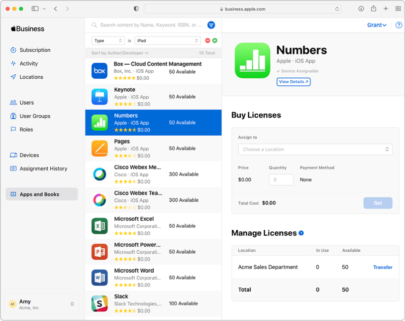 The Apple Business Manager window showing Apps and Books selected in the sidebar under Content. The pane selected is for buying and managing licences for the Numbers app.