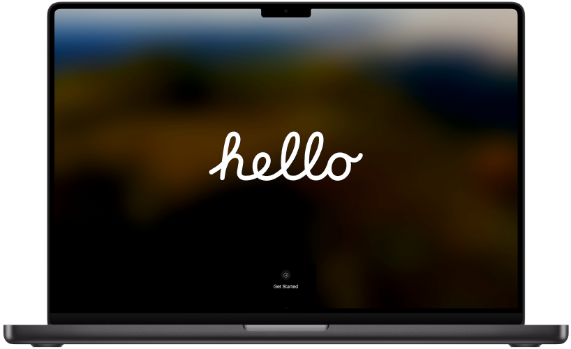 جهاز MacBook Pro مفتوح مع كلمة الترحيب "مرحبًا" وزر مكتوب عليه "بدء" على الشاشة.