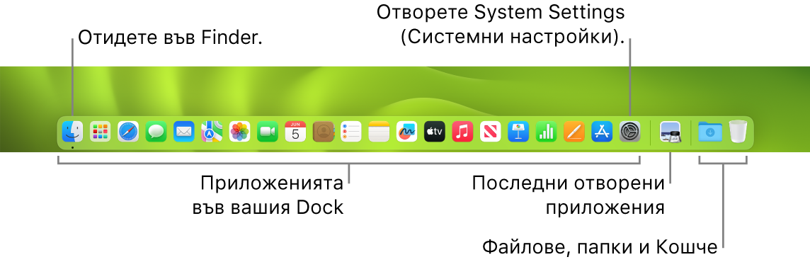 Лентата Dock, която показва Finder, System Settings (Системни настройки) и разделителя в лентата Dock, който отделя приложенията от файловете и папките.