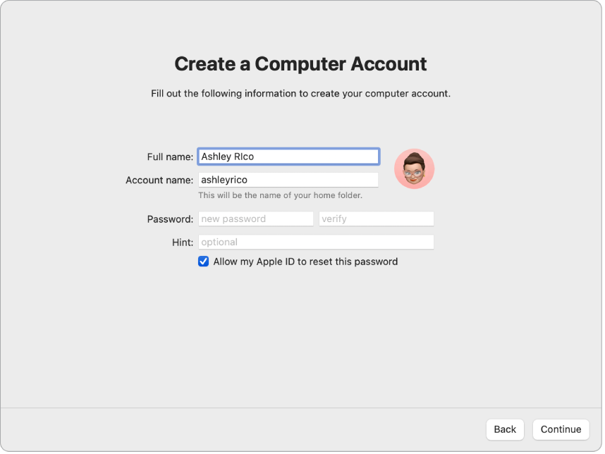 Екран със Setup Assistant (Помощник за настройка), на който е изписано „Create a Computer Account”(„Създаване на регистрация на компютър“).