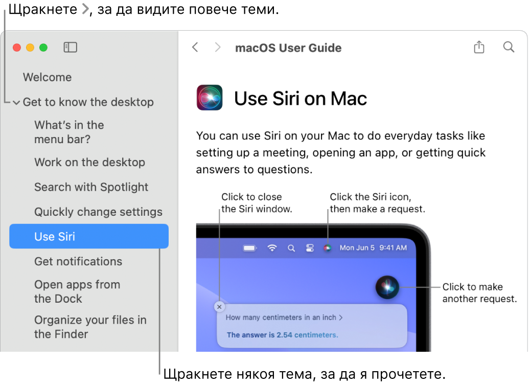 Преглед на Помощ с надпис, който описва как да преглеждате темите в страничната лента, и друг надпис, който описва как да показвате съдържанието на дадена тема.