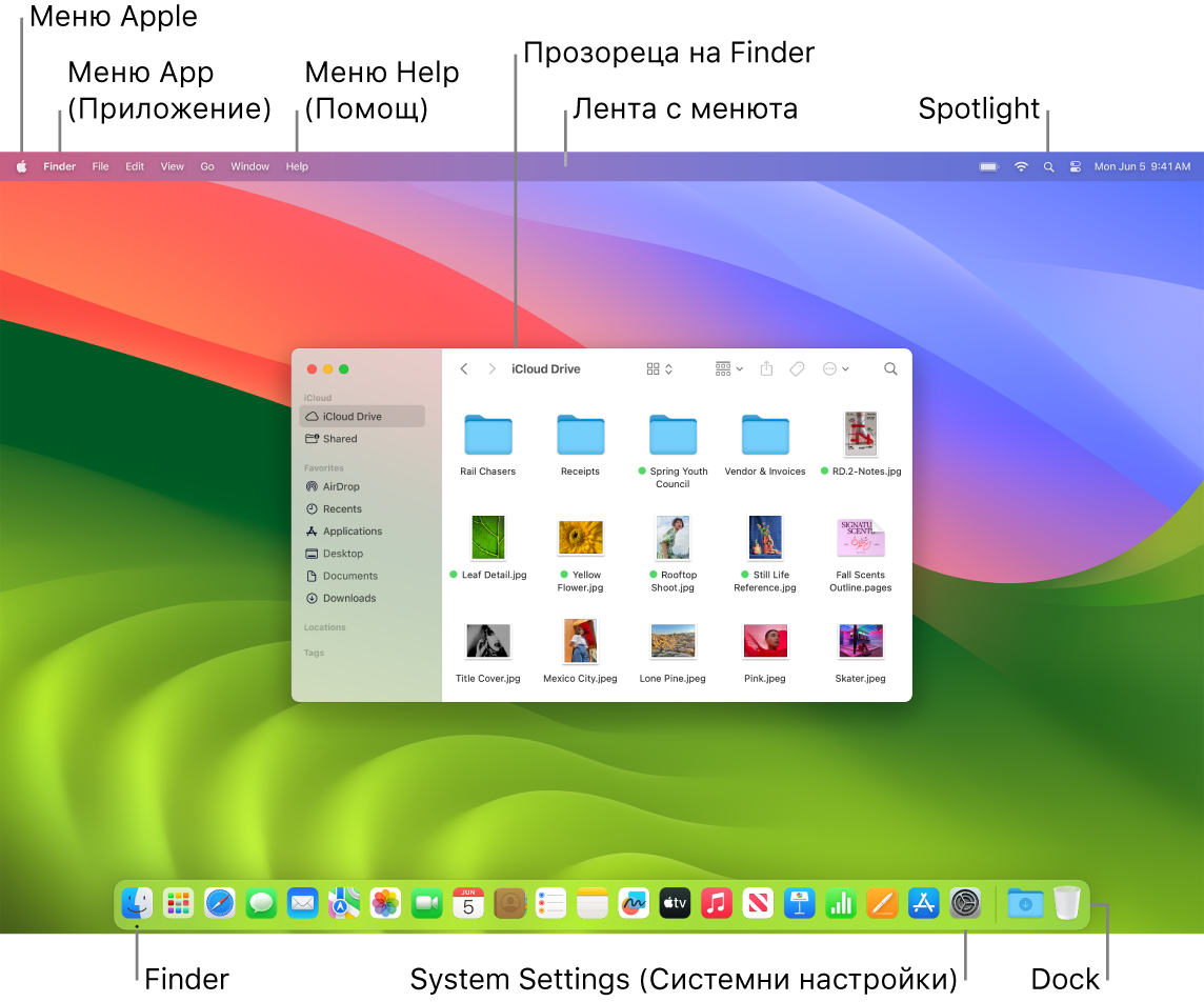 Екран на Mac, който показва меню Apple, менюто за приложения, менюто Help (Помощ), прозорец на Finder, лентата с менюта, иконката на Spotlight, иконката на Finder, иконката на Системни настройки и лентата Dock.