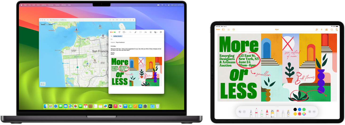 Un MacBook Pro i un iPad, l’un al costat de l’altre. A la pantalla de l’iPad es veu un fullet amb anotacions. A la pantalla del MacBook Pro hi ha un missatge del Mail que conté el fullet amb anotacions de l’iPad en forma d’adjunt.