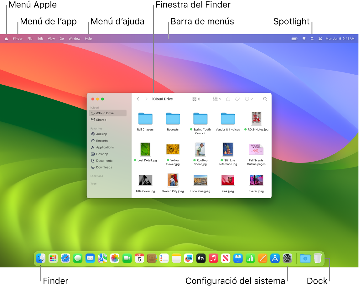 Pantalla del Mac en què es veuen el menú Apple, el menú App, el menú Ajuda, una finestra del Finder, la barra de menús, la icona de l’Spotlight, la icona del Finder, la icona de la configuració del sistema i el Dock.