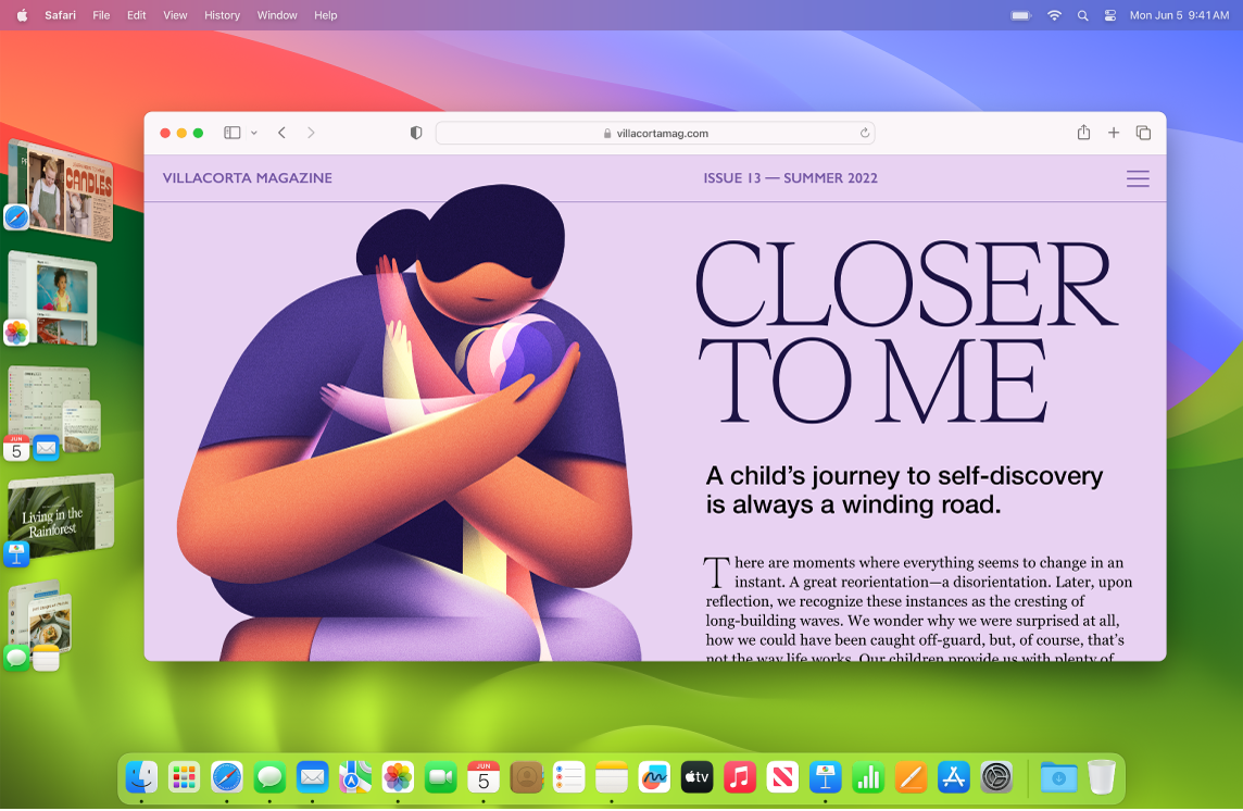 Obrazovka s oknem Safari uprostřed a dalšími otevřenými aplikacemi rozmístěnými po levé straně pomocí Stage Manageru